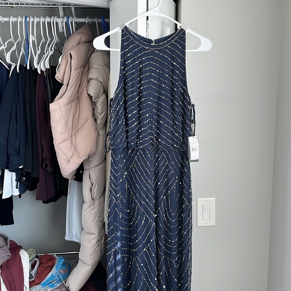 Adrianna Papell Navy Beaded Halter Gown, NWT - Picture 2 of 6